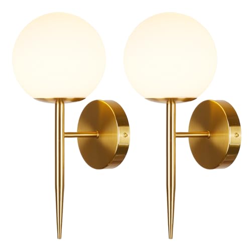 Image of Modern Gold Globe Wall Sconce Decor Set of 2, Industrial Mid Century Bathroom Vanity Wall Light with White Globe Glass Shade Brushed Brass Wall Lamp for Restaurant Living Room Bedside Stairs