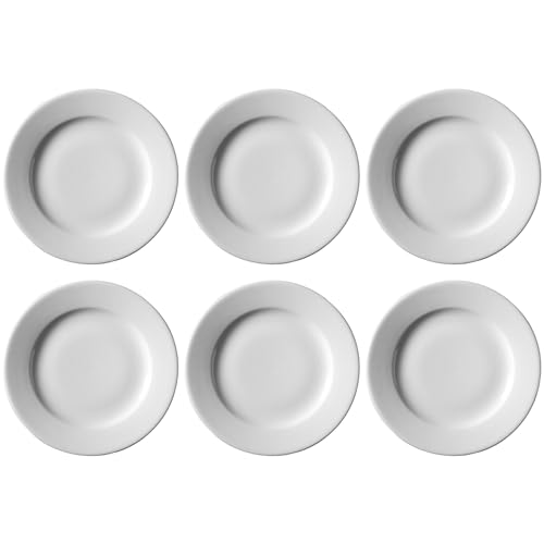 Genware Porcelain Classic Winged Dinner Plates, 23 cm / 9" - Pack of 6, Bright White, Rolled Rim, Chip-Resistant, Dishwasher/Microwave/Oven/Freezer Safe