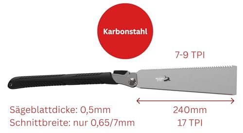 FAMEX 5523 Profi Japansäge Ryoba 240mm aus Karbonstahl, 7-9/17 TPI, Made in Japan - Handsäge klappbar für Heimwerker und Gewerbe, Feinsäge für Holz, Zugsäge