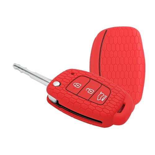 Image of Keycare Silicone Key Cover Compatible for Venue, Aura, Elite i20, Active i20, Xcent 3 Button flip Key with KC Mini Red Keyring (KC10 Red with KCMiniKeyring)