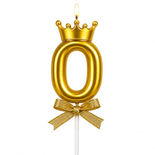 Image of Number 0 Birthday Candle with Crown | Metallic Cake Topper Candle for Birthday, Anniversary, Golden Jubilee & Celebration Cakes | Party Decoration Candles, Gold,1 pc