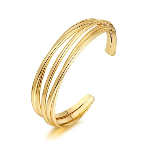 HEEYA Bracelet Manchette Jonc Plaqué Or 14 Carats pour Femmes, Bracelet Minimaliste Simple et Réglable,Cadeaux d'anniversaire pour Filles et Femmes