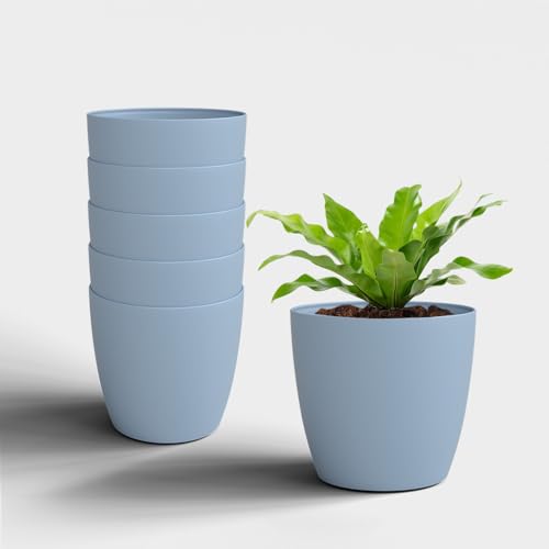 Image of YUCCABE ITALIA SHERA Stella 8 Inch Plastic Plant Pot for Home Decor Indoor Plant Pots for Living Room Plastic Flower Pot for Garden (Cyan, 8 INCH - 6 Pcs)