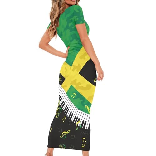 Image of Womens Short Sleeve Jamaican Flag Midi Bodycon Dress