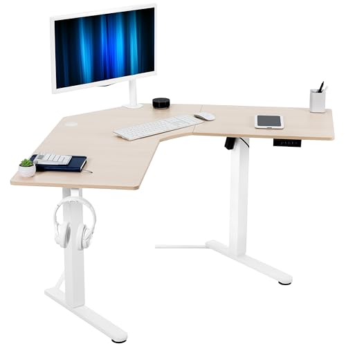 Image of VIVO Light Wood 47 x 47 in Corner Standing Desk, DESK-E1L94C | Electric, Holds 154 lbs, L-Shaped Table, Sit Stand, Height Adjustable, Memory Presets, Home Office, White Frame