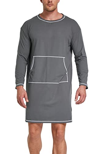 slimour Herren Nachthemd Langarm Nightshirt Lose Schlafanzug Oberteil Übergröße Männer Nachtkleid mit Groß Tasche-Grau, XXL Cover