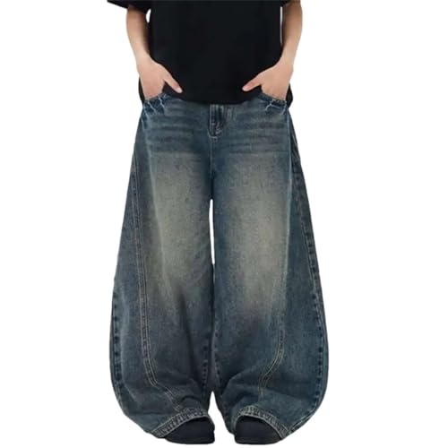 Men's Jeans American Washed Curved Baggy Straight Leg Denim Pants