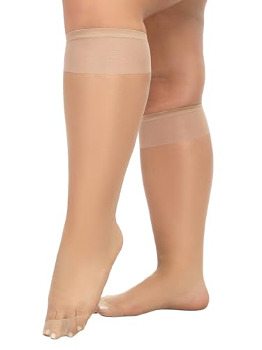 MANZI 6 Pairs Plus Size Sheer Knee High Stockings for Women 15D Nylons Trouser Socks with Wide Calf Natural