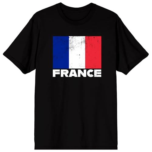 Distressed French Flag and France Text on Black Ground Adult Crew Neck Short Sleeve T-Shirt