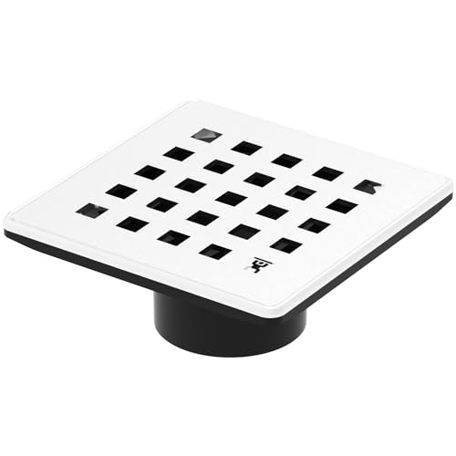 GURU USA Evo Lite Plus Square Stainless Steel Shower Drain with ABS Base & Hair Strainer, Bathroom Accessories for Shower Floor Drainage, Plus White