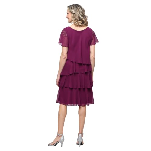 Image of S.L. Fashions Women's V-Neck Chiffon Cocktail Dress with Beaded Shoulders and Asymmetrical Tiers (Petite and Regular Sizes)