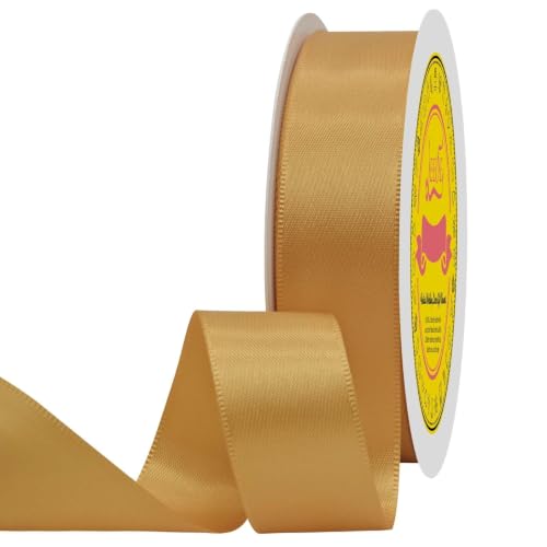 Image of Old Gold Satin Ribbon 1 inch X 50 Yards Polyester Ribbon for Gift Wrapping Very Suitable for Weddings Party Hair Bow Invitation Decorations and More