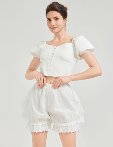 BEAUTELICATE Women Short Bloomers 100% Cotton Vintage Underskirt 3 Tiered Ruffled Elastic Waistband3