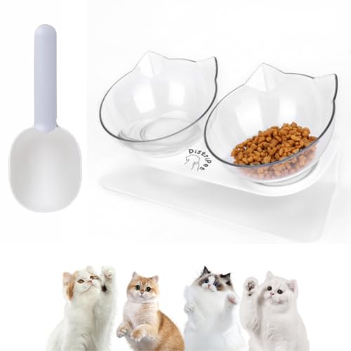 DistriPet Comedero Gato Elevado, Bebedero Gatos. Tazones Transparentes con 15° de inclinación. Antideslizante y Ajustable. Cuenco Doble para Agua y Comida. Soporte Elevado Evita Lesiones Cervicales.
