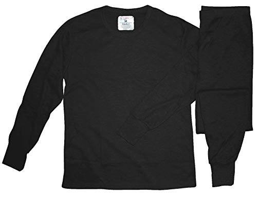 Therma Tek Men's 100% Cotton Light Weight Waffle Knit Tagless Thermal Top & Bottom Long John Underwear Set, XL, Black