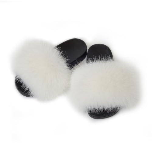 Image of Women's Faux Fur Slides Slippers Fluffy Fuzzy Sandals Open Toe Furry Slide Flip Flop Indoor Outdoor