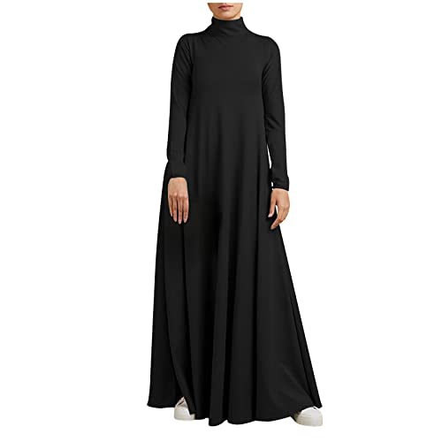 TRIGLICOLEUM Winterkleid Damen Vintage Einfarbige Maxikleid Lose Baggy Kaftan Langarm V-Ausschnitt Pulloverkleid Warme Baumwolle Langes Kleid...