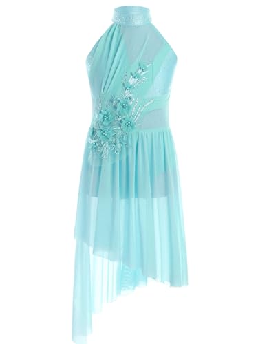 inlzdz Kids Girls Sleeveless Rhinestones Flower Applique Lyrical Ballet Leotard Dress Contemporary Latin Dance Costume Light Blue 7-8 Years