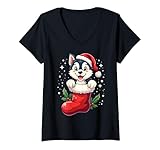 Photo Gallery donna siberian husky christmas stocking puppy dog lover holiday maglietta con collo a v Photo Gallery donna siberian husky christmas stocking puppy dog lover holiday maglietta con collo a v