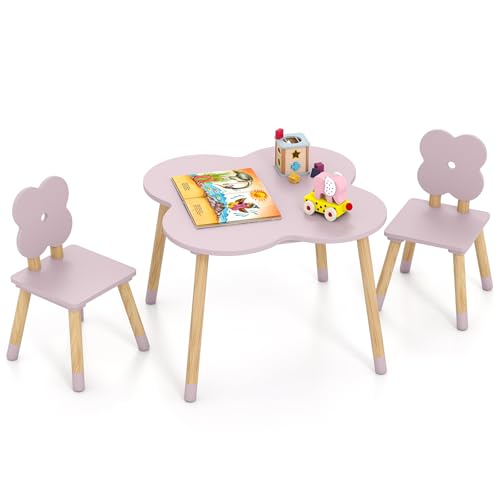 Costzon Kids Table and Chairs Wooden Toddler Desk Set for Play Art Craft Reading Learning and Eating Multi-Activity Table and Chairs for Classroom Daycare Home (Pink Flower-Shaped)