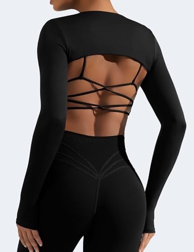Image of YEOREO Women Crop Top Long Sleeve Bolero Open Front Workout Cropped Shirts Sports Shrug