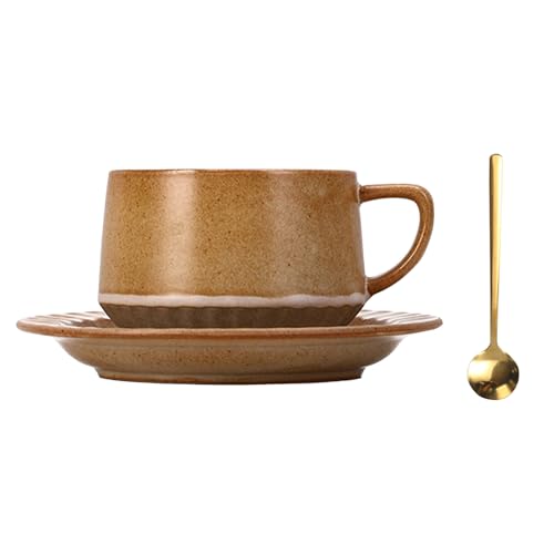 Dzaayediiy 300 ml breite Cappuccino-Tasse, Keramik-Teetasse und Untertasse, Teetasse mit Löffel, Cappuccino, Latte Macchiato, Kaffeegläsern, hitzebeständig, mikrowellengeeignet, Trinkglasbecher