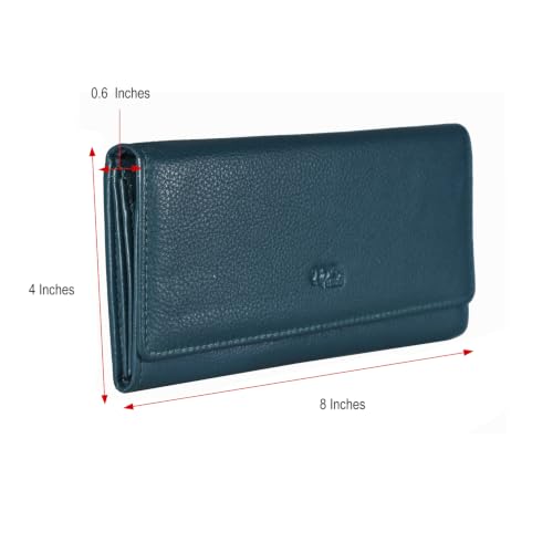 Image of Women's Top Grain Leather Wallet, RFID Blocking Bifold clutch, 17 Card Slots, Zip Pocket Organizer, Elegant Gift for Women - Birthday, Valentine, Anniversary - TEAL BLUE