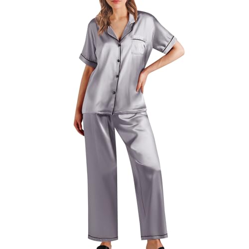 Conjunto de pijama con botones para mujer, talla grande, conjunto de ropa de dormir de satén, tops casuales con cuello y pantalones de cintura elástica, ropa de casa suelta y suave con bolsillos, ropa