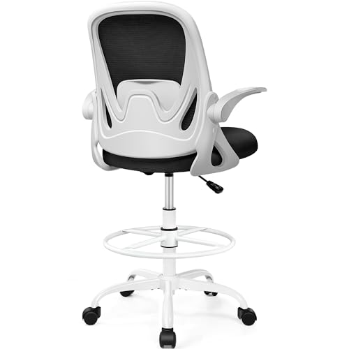 Drafting Chair Tall Office Chair with Flip-up Armrests, Adjustable Height, and Enhanced Lumbar Support - Ergonomic Rolling Stool, Back Support, and Adjustable Foot Rest Ring for Standing Des