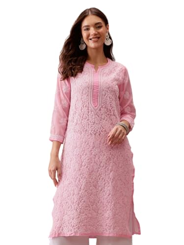 Image of Ada Hand Embroidered Chikankari Pink Georgette Kurta for Women A95581 (XS) | Handmade Lucknowi Chikan Embriodery ethnic kurti office work casual Straight Women's faux handcrafted Tunic
