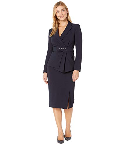 Tahari by ASL Belted Jacket with Pencil Skirt Set Navy 18