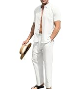 URRU Men’s 2 Piece Linen Outfit Summer Beach Short Sleeve Button Down Shirt and Pants Set