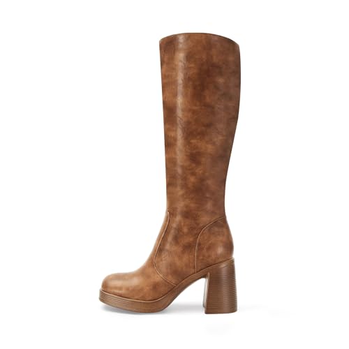 Image of SOVANYOU Black Leather Boots Platform Boots for Women Fashion Square Toe Chunky Block Heeled Boots Side Zip