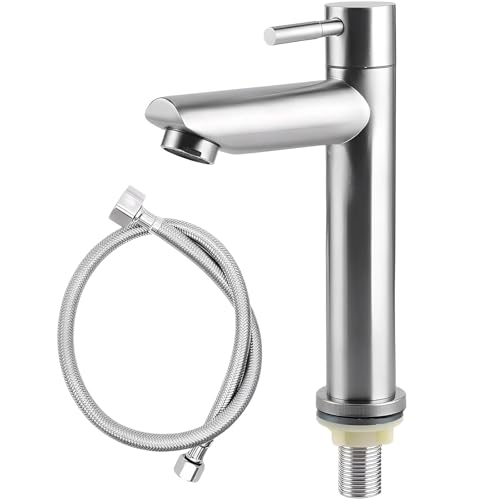 DEANKEJI Acier Inoxydable Robinet Lave Main Eau Froide, Mitigeur Lavabo avec Tuyau de 1 Mètre, Robinets de Lavabo pour Salle de Bain, Robinet Evier de Cuisine...