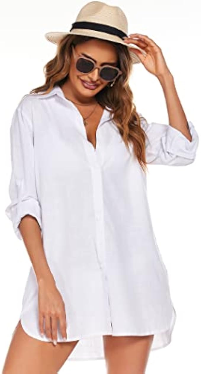 Hotouch Women Boyfriend Shirts Button Down Long Sleeve Blouse Cuffed Sleeve Collared Shirt