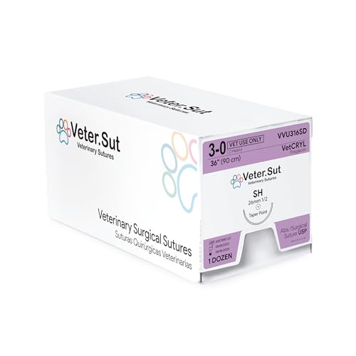 VeterSut VetCRYL Absorbable Polyglactin Surgical Suture USP Size 3-0, (SH) 1/2 26mm Taper Point Needle, 36 Inches (90 cm), 12 Count, Veterinary Use