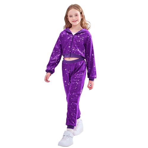Image of LOLANTA 2Pcs Girls Dance Outfits Cropped Sequin Jacket Pants Set, Kids Hip Hop Dance Costumes for 80s 90s Party 5-15 Years
