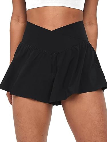 COPYLEAF Crossover Flowy Shorts for Women 2 in 1 Athletic Butterfly Running Shorts Tennis Gym Workout Skort with Pocket (Black M)
