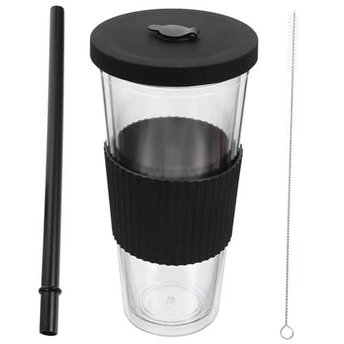 EXQUIMEUBLE 双加厚冷?杯 透明飲料カップ 食品級プラスチック製 便利なストロー付き 蓋付ジュースカップ 再利用可能 ミルクティー対応 や大人