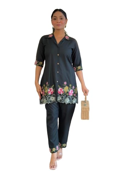 piludi Women Black Floral Embroidered Rayon Co-Ord Set | Shirt Style Top with Pant | Casual & Office Wear Two Piece Outfit-picture-36