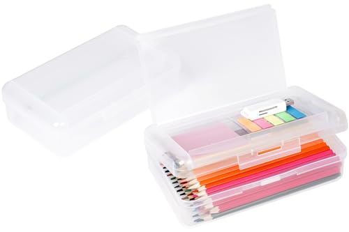 DANRONG Plastic Pencil Box 2 Pack, Large Capacity Pencil Case, Pencil Boxes Double Layer for Kids Adults, Colored Pencil Case, Hard Crayon Box Storage with Snap-Tight Lid for School Office (Clear)