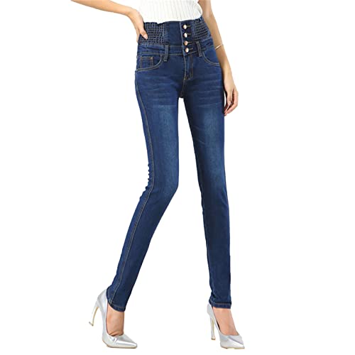 Maiyifu-GJ Women's High Waisted Buttons Skinny Jeans Juniors Tummy Control Slim Fit Denim Pants Slim Fit Elastic Waist Jean (Dark Blue,27)