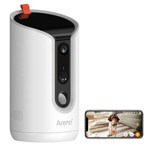 ARENTI Dispenser Crocchette Gatti con Telecamera, 3MP Telecamera Wi-Fi con Dispenser, Telecamere per Gatti/Cani, Visione Notturna, Rilevamento Intelligente, Audio Bidirezionale, Controllo APP