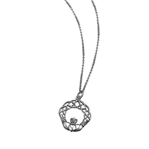Sterling Silver Oxidized Claddagh Celtic Knot Pendant Necklace, 18" #TOP19