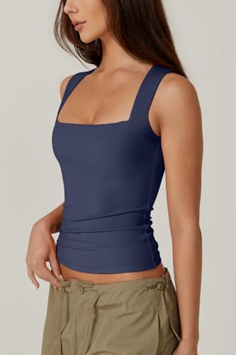 Image of QINSEN Women's Square Neck Sleeveless Double-Layer Tank Tops Basic Tight T Shirts