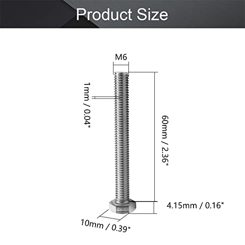 Image of MroMax 15Pcs M6-1 Hex Bolts, M6 x 60mm Hex Head Screws Bolts, 304 Stainless Steel 18-8, Fully Threaded, External Hex Drive, for Mounting Chair, Rail, Wheels, Boat and Plastic Bumpers