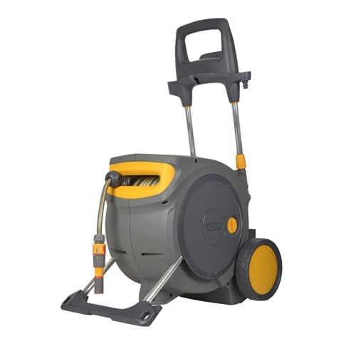 Chariot Hozelock Pro | Auto Reel Mobile | Inclus : Tuyau de jardin 35 m, buse 3-en-1, kit de connecteurs et raccords | Enroulement et superposition...