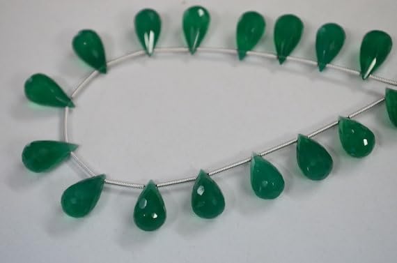 8 inch Strand of Natural Green Onyx 8x15mm Drop Faceted briolette Beads for DIY Jewelry Making. |BRIO_03911