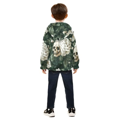 Flowers Peony and Skull Girls Fleece Jacket Girls Fall Jacket Girls Zip Up Hoodie Girls Sherpa Jacket 2-10T4