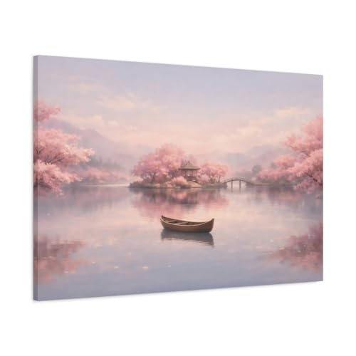 Tableau cerisier en fleurs pour salon zen | Toile paysage lac rose 90x60